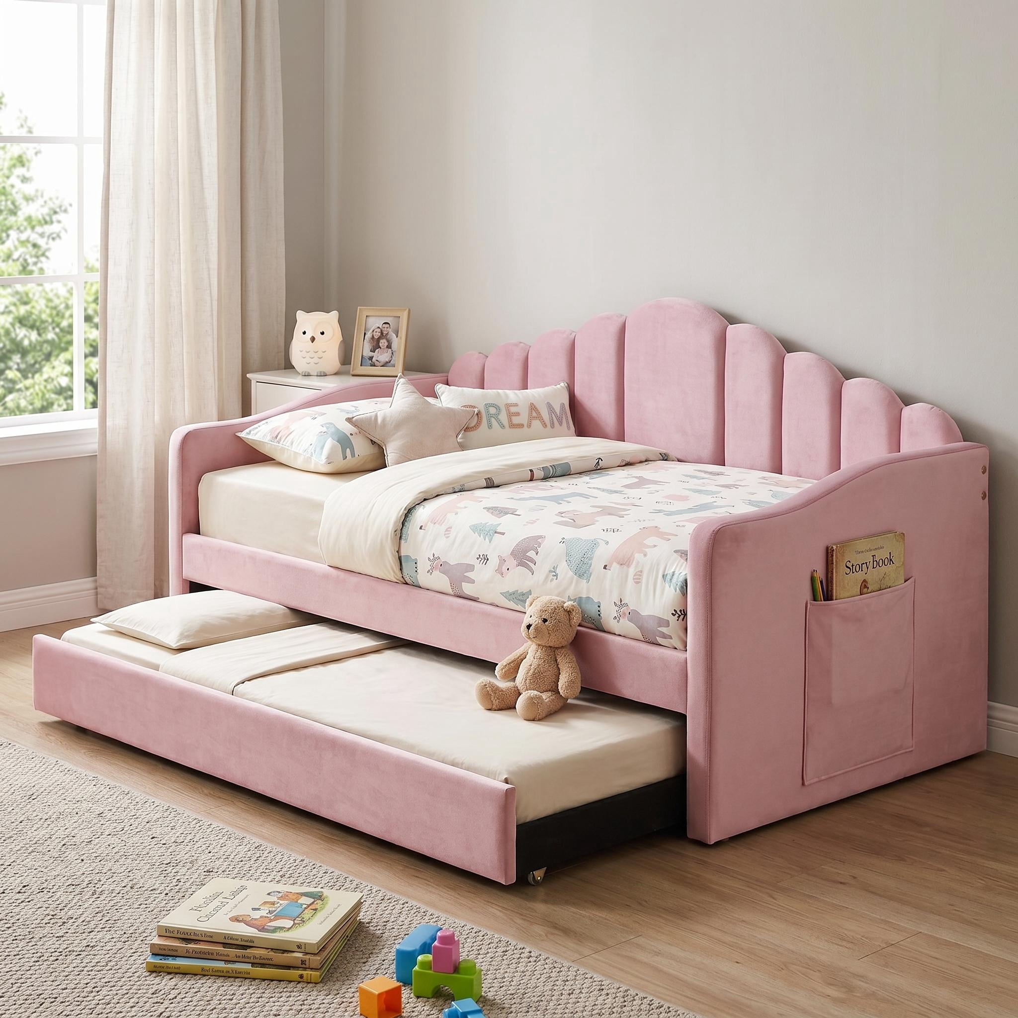 Homy Casa Lit de Jour Simple avec Lit Gigogne, Velours, Port USB, Poches de Rangement, Rose, Facile à Monter