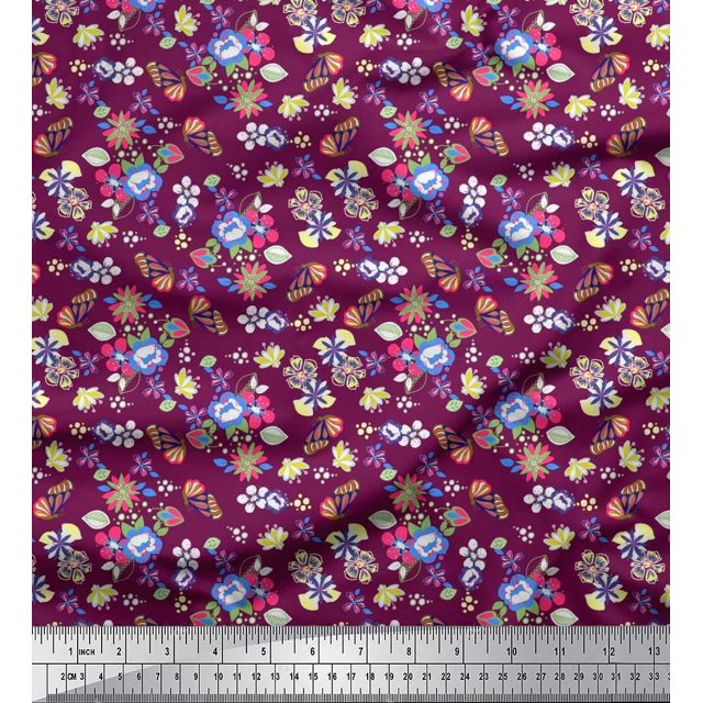 Soimoi Pink Velvet Fabric Leaves,Insect & Floral Artistic Decor Fabric Printed BTY 58 Inch Wide