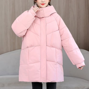 Mceream Puffer Jacket Womens Full Zipper Hooded Down Coat Thickened Long Sleeve Solid Casual Thermal Padded Coat with Pockets Plus Size Warm Padded Outerwear Camperas De Mujer Invierno Pink L