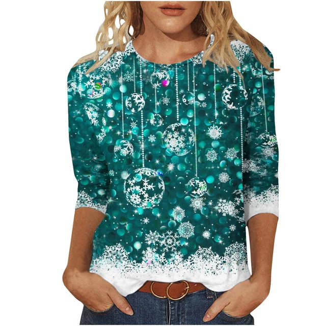 Pisexur Chandails de Noël pour Femmes Chandails à Manches 3/4 pour Femmes Chandails à Col Rond Graphiques Amusants Chandails à Capuchon Décontractés pour les Fêtes de Noël Confort Amples Mode d'Automne Chandails à Enfiler