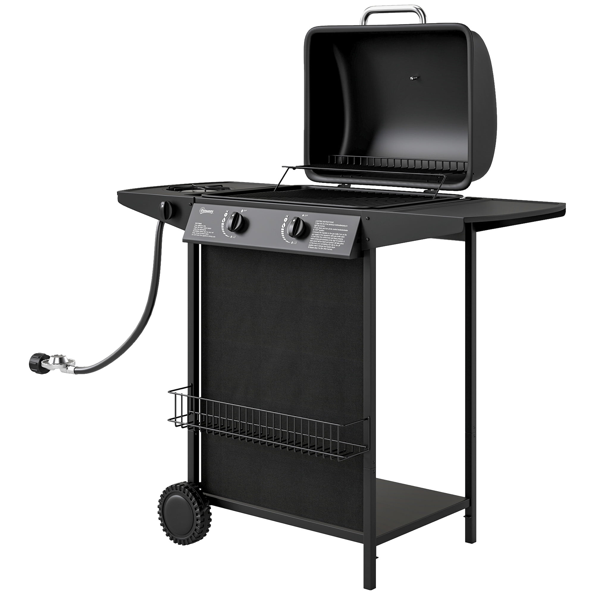CoSoTower 2+1 Burner Propane Gas BBQ Grill, Portable Gas Barbecue Grill with Side Burner, Thermometer, Lid, Side Table, Shelf, Spice Rack, Wheels, Grease Cup for Garden, Black