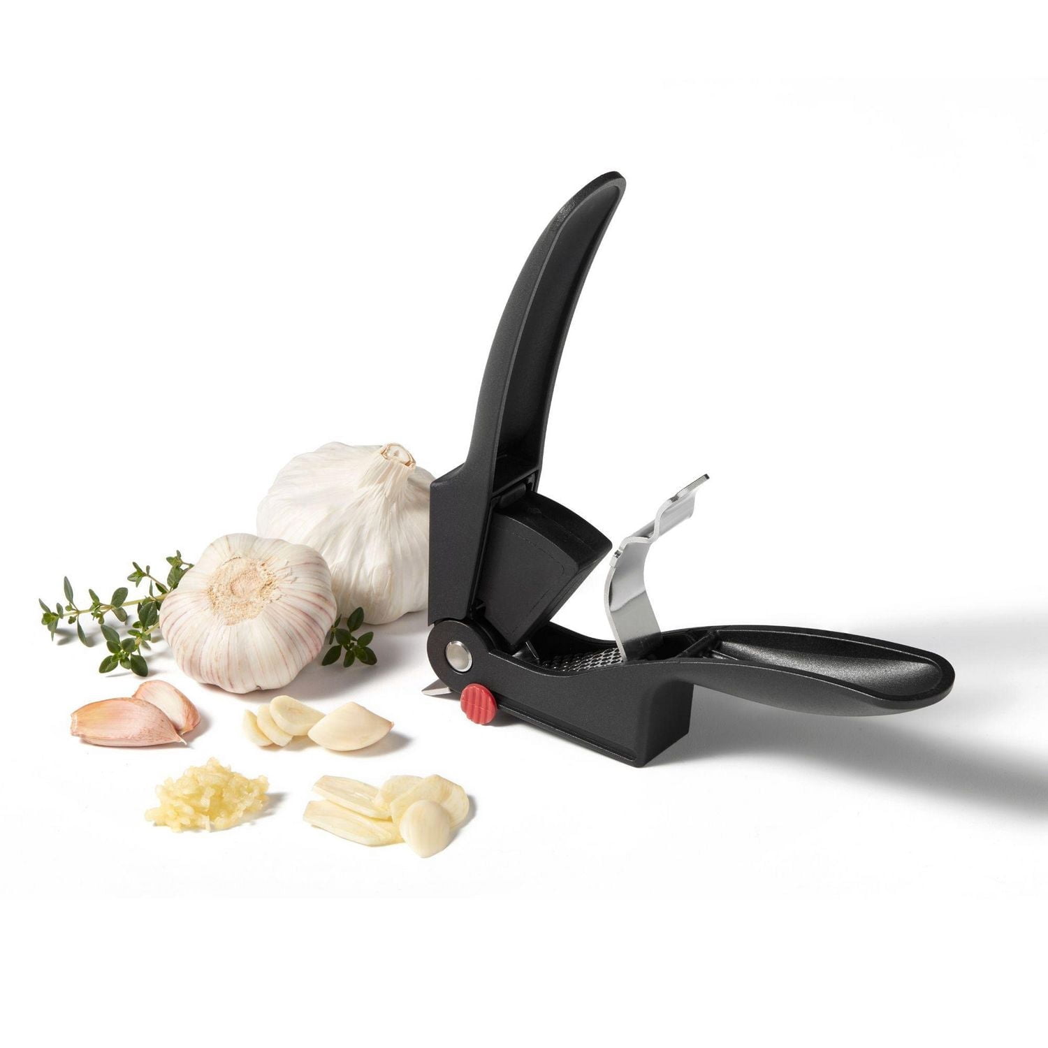 tarfrit All-In-One Garlic Multitool, Slice Press Cut Garlic Fast, Stainless Steel Grid, Pivot Pusher, Integrated Scraper, Easy Cleaning, Dishwasher Safe, Garlic Tool