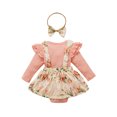 thumbnail image 2 of Kmbangi Baby Girl Outfit Floral Splicing Suspenders Skirt Romper + Hairband, 2 of 7