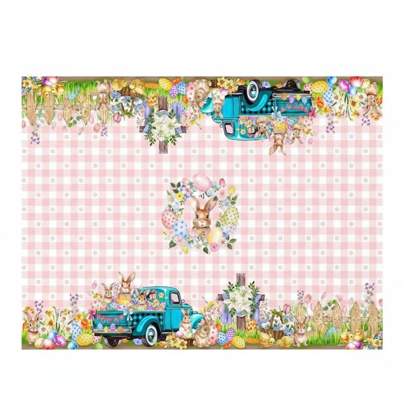 Nappe Rectangulaire Élégante pour Pâques en Polyester, Napperons et Vinaigrettes pour Repas de Printemps, Motif Festif à Carreaux, Lapin, Oeufs, Camion, Housse de Table