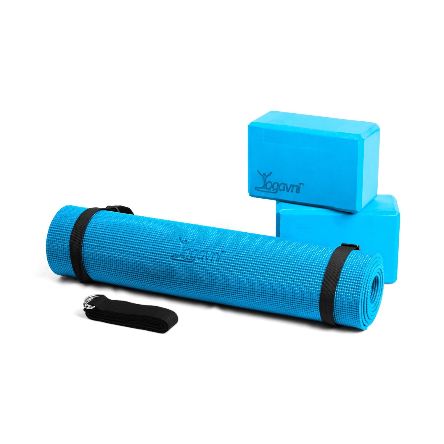 Yoga Essentials - 6mm Mat 1pr 4in Foam Blocks 8ft strap and loop strap - 5pc - Yogavni (Turquoise)