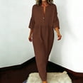 thumbnail image 4 of Xugsiok Robe en Lin pour Femmes à Boutons Manches 3/4 Col Ras du Cou Robe d'Été Couleur Unie Robes Amples Vacances Affaires Entraînement Plage Fluide Plissée Tuniques Robes Maxi d'Été, 4 of 8