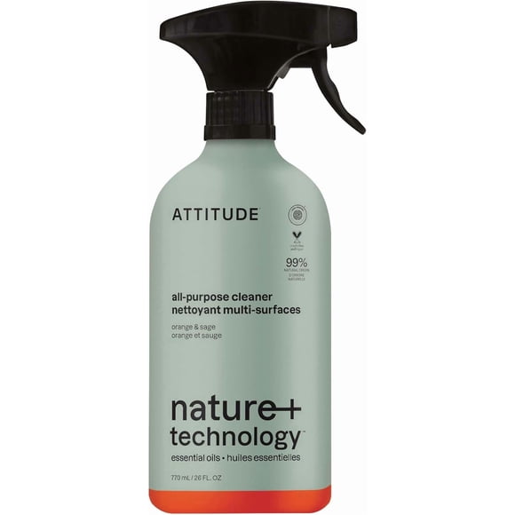 ATTITUDE All-Purpose Cleaner Spray, Made in Canada, Plant-Based Ingredients, EWG Verified, Streak Free, Ammonia Free, Removes Fingerprints, Dust and Dirt, Sage & Orange, 770 mL