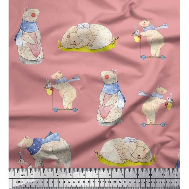 Soimoi Cotton Cambric Fabric Cycle,Rabbit & Bear Kids Fabric Prints By Yard 42 Inch Wide