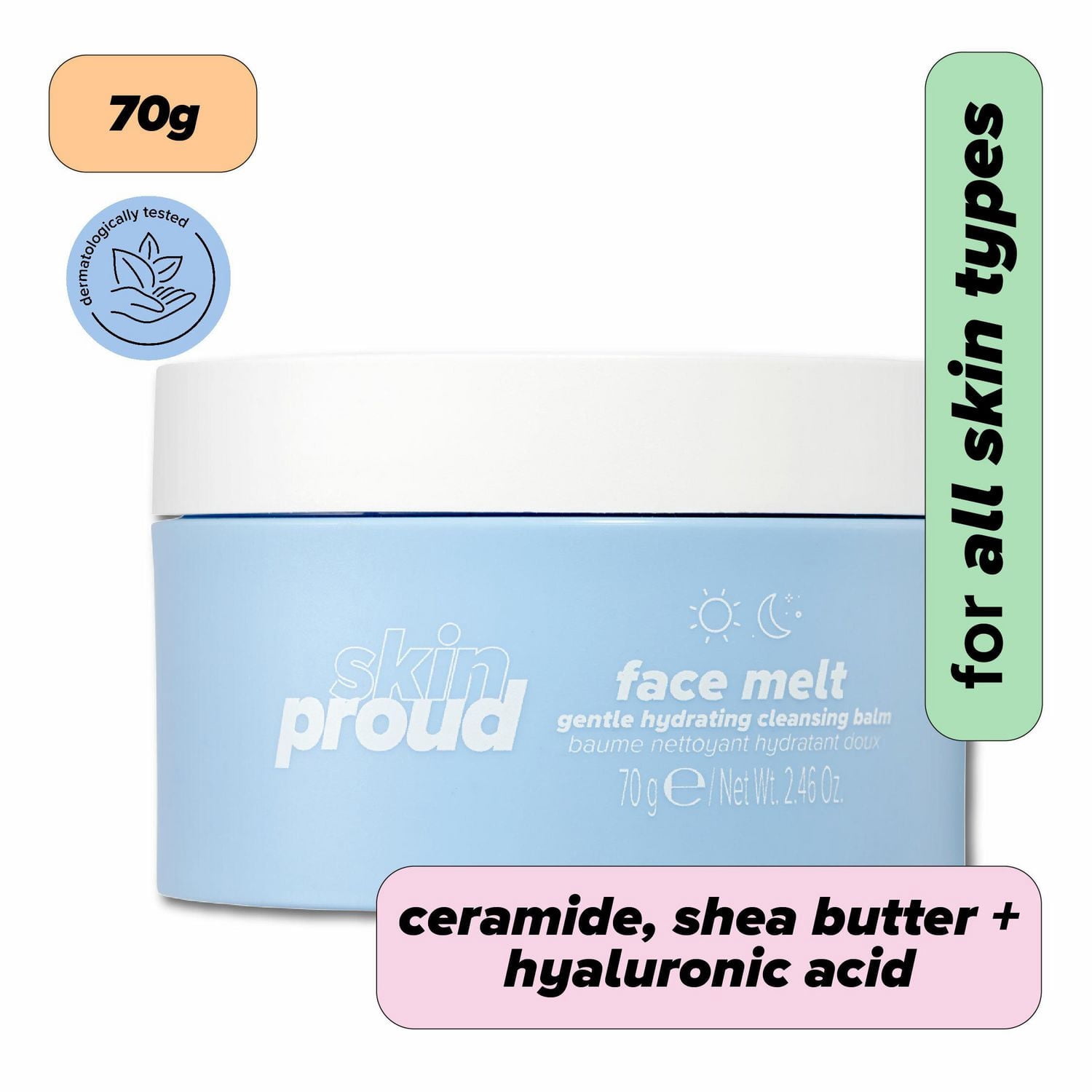Skin Proud - Face Melt - Baume Nettoyant Hydratant Doux avec Complexe Hydratant d'acides Hyaluroniques, 100% Vegan (70g)