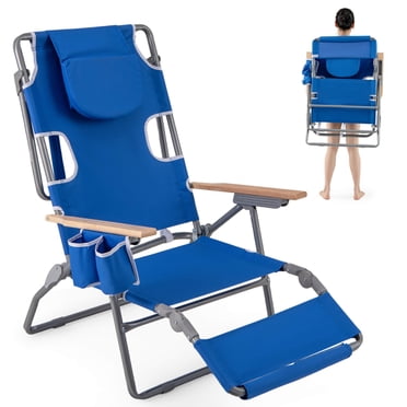 Costway 1 PCS Chaise de Plage Pliable 3-en-1 avec Ouverture pour le Visage, Repose-Pieds, Dossier Réglable, Coussin Bleu Marine