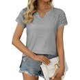 thumbnail image 2 of pitrice Summer Pleated Short Sleeve Solid Color Splicing V Neck T-Shirt Casual Basic Tops Female Shirts Daily Tees for Silver L, 2 of 8