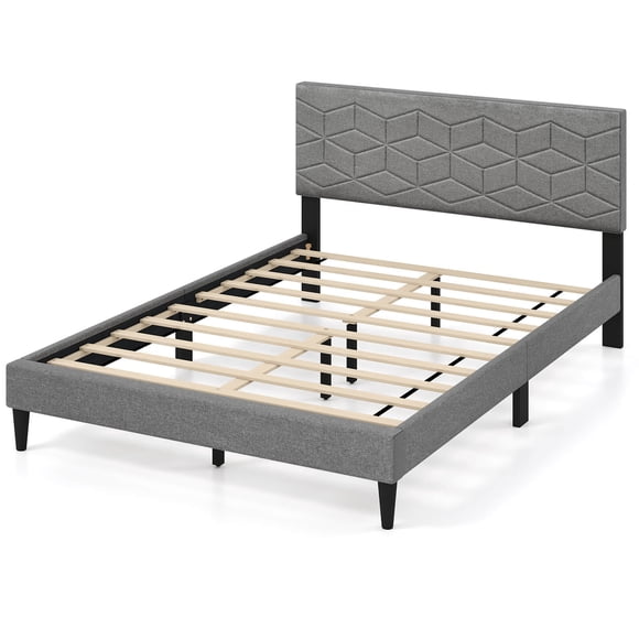 Costway Full Size Bed Frame with Linen Fabric Upholstered Headboard & Wooden Slat Support