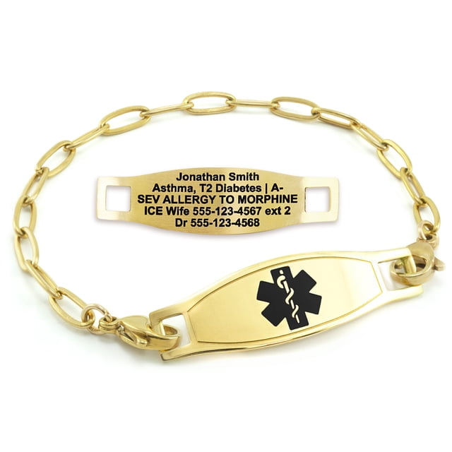 MedicEngraved Yellow Gold Stainless Steel Custom Medical Alert Bracelet - 4mm Paperclip Link