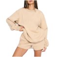 thumbnail image 1 of IROINNID Survêtement pour Femmes Ensemble 2 Pcs Col Rond Réduit Chandail à Enfiler Manches Longues Chandail Ample Décontracté Ensemble de Shorts Tenue de Sport, Beige, 1 of 6