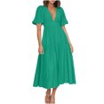 thumbnail image 4 of LOVZFMLL Robe Longue Décontractée pour Femme à Manches Bouffantes, Col en V, Verte, G, 4 of 9