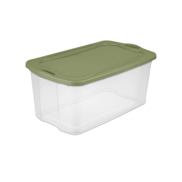 Sterilite 114 Liter EZ Carry, Extra Large Clear Plastic Storage Bin with Full-Grip Handles and Green Lid