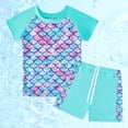 thumbnail image 2 of PMVFHDE Girls Scale Print Swim Set | Short Sleeve Rash Guard & Swim Shorts | Kids UV Protection Bathing Suit Sky Blue,7-8 Years, 2 of 9