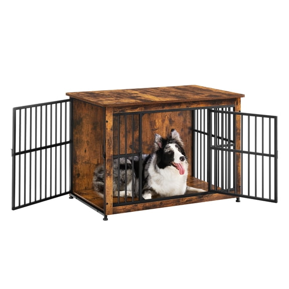 Feandrea Dog Crate Furniture, Side End Table, Modern Kennel for Dogs Indoor up to 70 lb, Heavy-Duty Dog Cage with Enclosed Base, Double-Door Dog House, Rustic Brown
