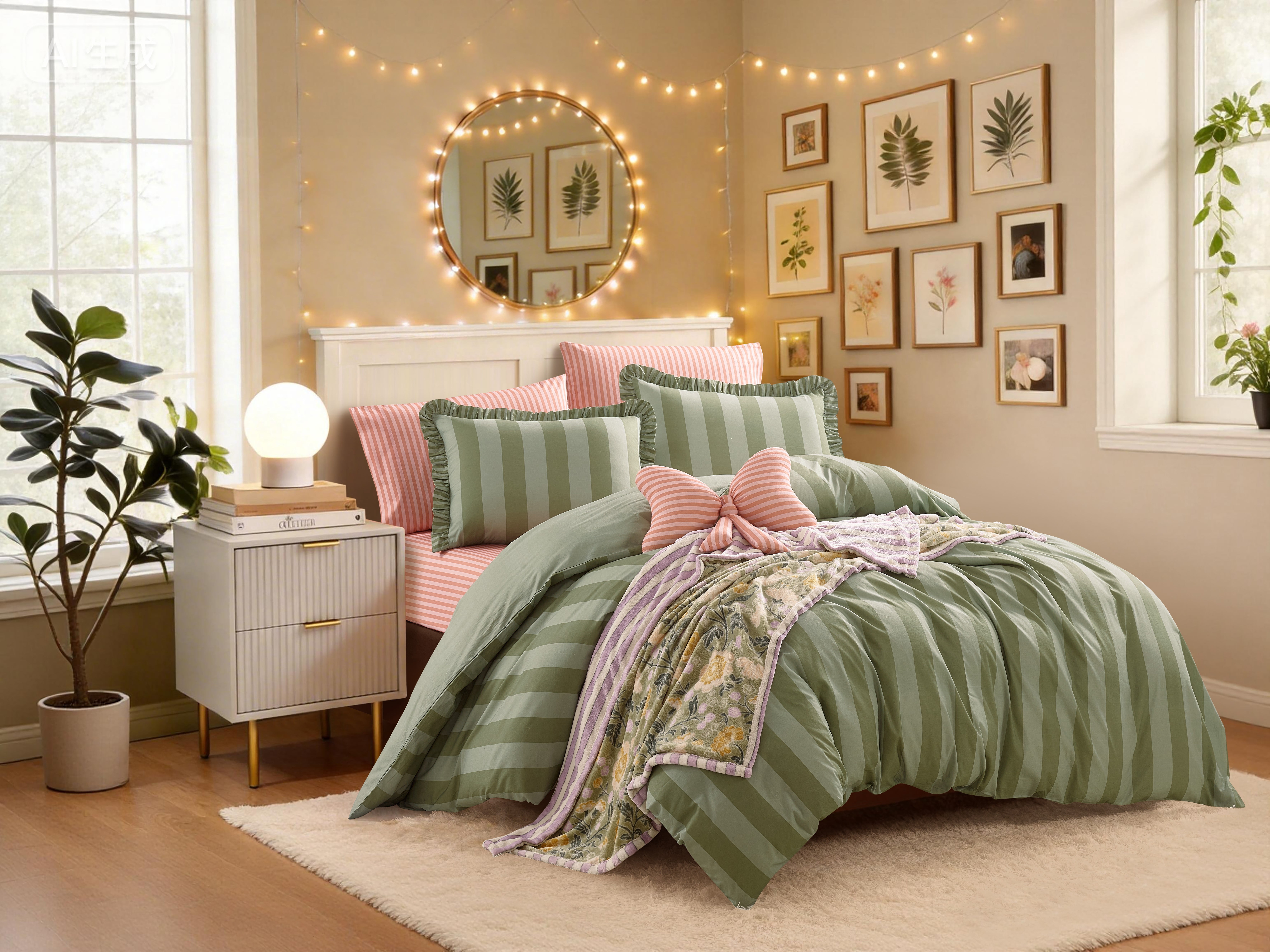 Mainstays Ensemble de housse de couette à rayures volantées Double/Grand lit, 3 pièces, Vert, Adulte