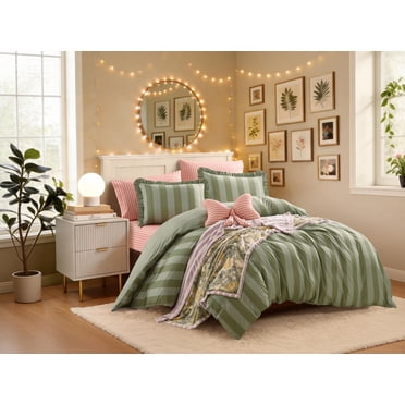 Mainstays DQ Ruffle Stripe Duvet Set, 3-Piece, Green, Adult