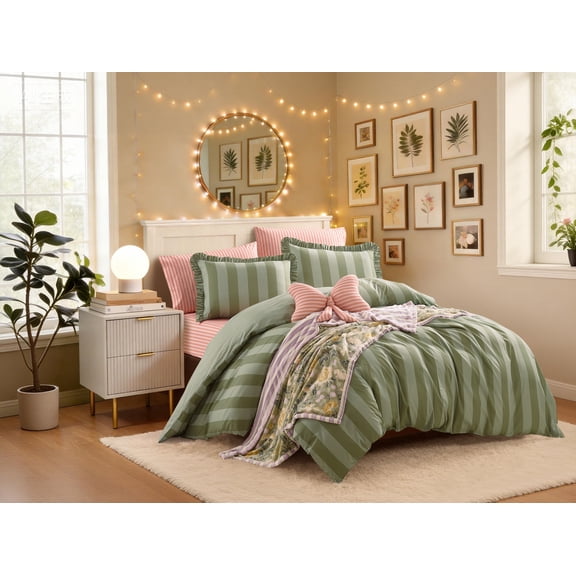 Mainstays Ensemble de housse de couette à rayures volantées Double/Grand lit, 3 pièces, Vert, Adulte