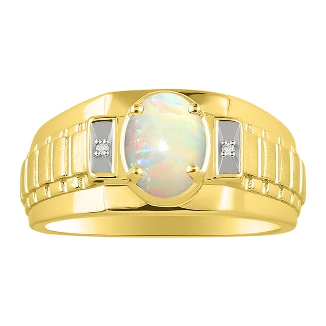 RYLOS Men's Rings 14K Yellow Gold Ring Classic Designer Style 8X6MM Oval Gemstone & Diamond Ring Opal African Birthstone Rings For Men Size 10