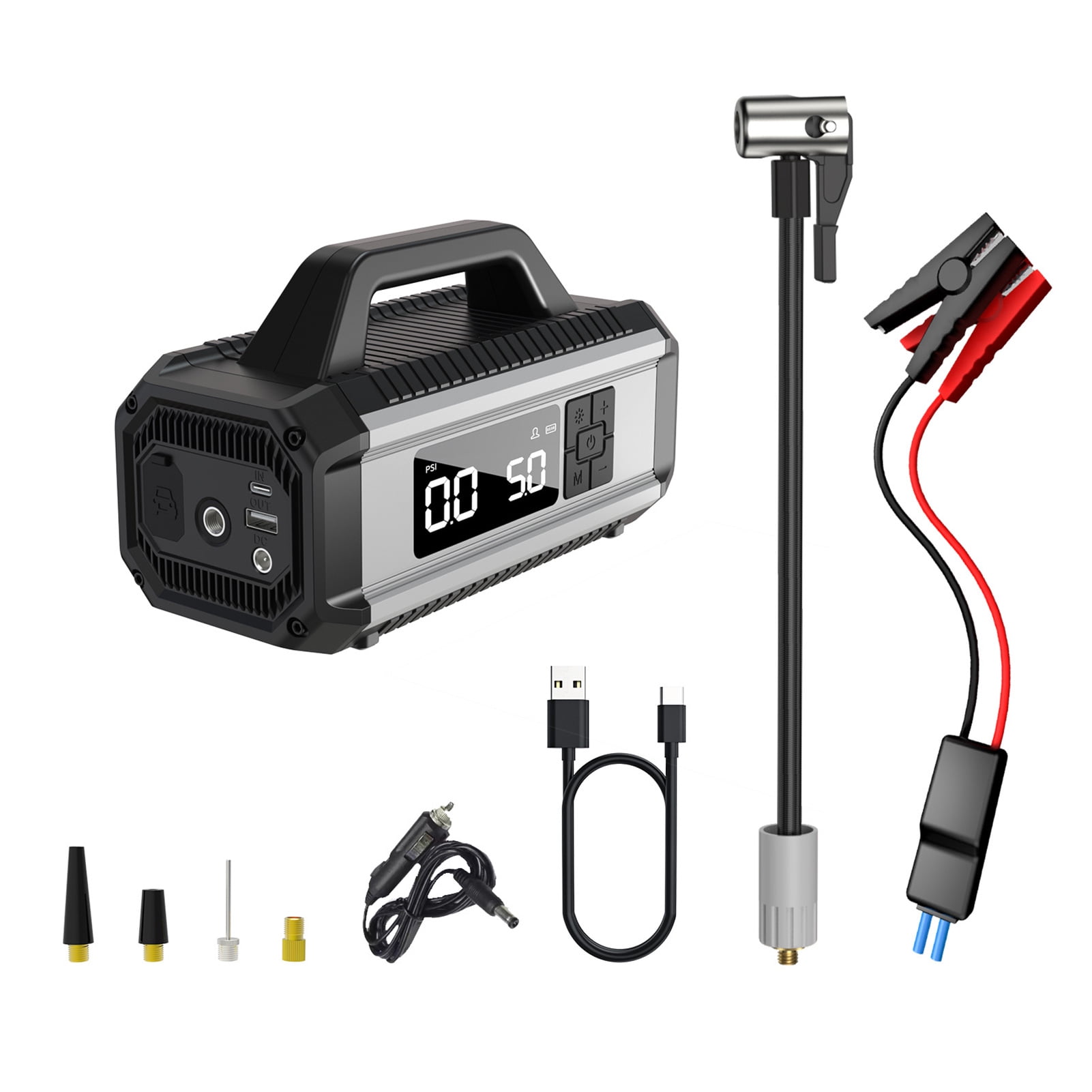 Portable Car Jump Starter with Air Compressor 150PSI Portable Air Pump for Car Tires with 10000mAh Battery Tire Inflator with Large Digital Screen LED Light for Car Bike Motorcycle Ball