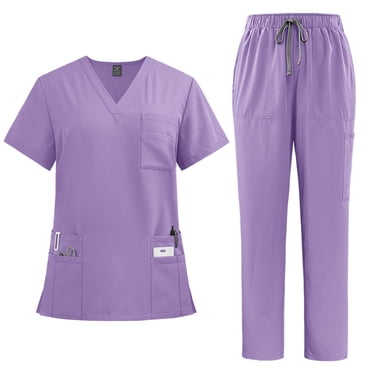 Ktyne Purple Scrubs for Women Set Stretchy Nurse Uniform Short Sleeve V Neck Scrub Top & Pants Solid Color Scrubs Sets with Multi Pocket Light Purple L
