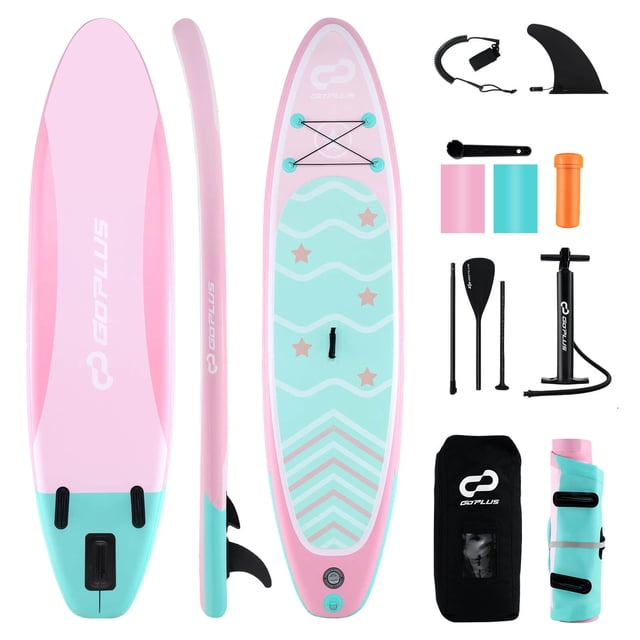 Goplus Small Inflatable SUP Board in light pink, measuring 10' x 30" x 6", designed for youth and adults. Features include 5 D rings for securing accessories, an adjustable paddle (65.5" to 82"), and durable PVC construction for use in various water environments. The board comes with a complete accessories package, including a backpack, hand pump with pressure gauge, foot rope, repair kit, spanner, and removable fin. Suitable for activities like yoga, fishing, and surfing.