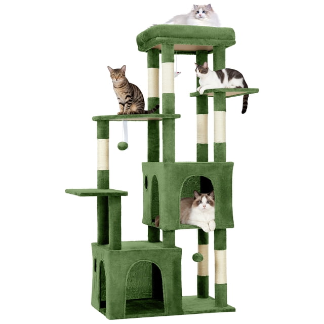 Cat Tree for Large Cats - 61" Heavy-Duty Multi-Level Tower with 2 Condos & Scratching Posts, Jumbo Perch for Maine Coons, Green Modern Playground