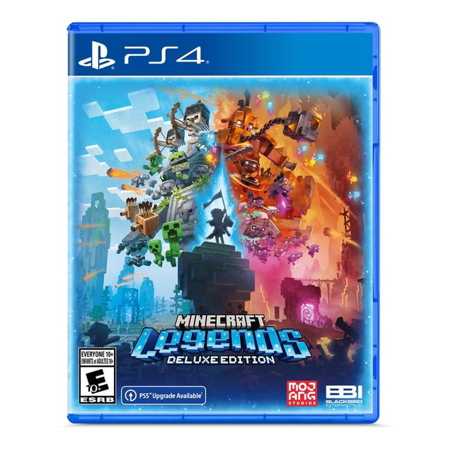 Minecraft Legends Deluxe Edition (PS4) game cover showing pixelated characters in a split scene with blue Overworld featuring creepers and skeletons on the left and fiery Nether with piglins on the right, including Mojang Studios and Blackbird Interactive logos.