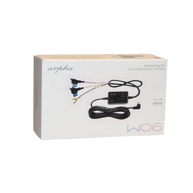 Arpha W05 Hardwiring Kit for Arpha Dashcam W01/W02 shown in a white retail box featuring the black hardwiring cable with red, yellow, and black input wires, two blue fuse taps, and a coiled micro USB output cable, designed to provide continuous 12V to 24V power to car dash cameras while protecting the vehicle battery.