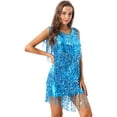 thumbnail image 3 of Moggemol Robe Courte à Paillettes Brillantes pour Femmes avec Franges en Similicuir, Col en V, Sans Manches, Tenue de Danse Samba, Bleu Ciel, TG, 3 of 6