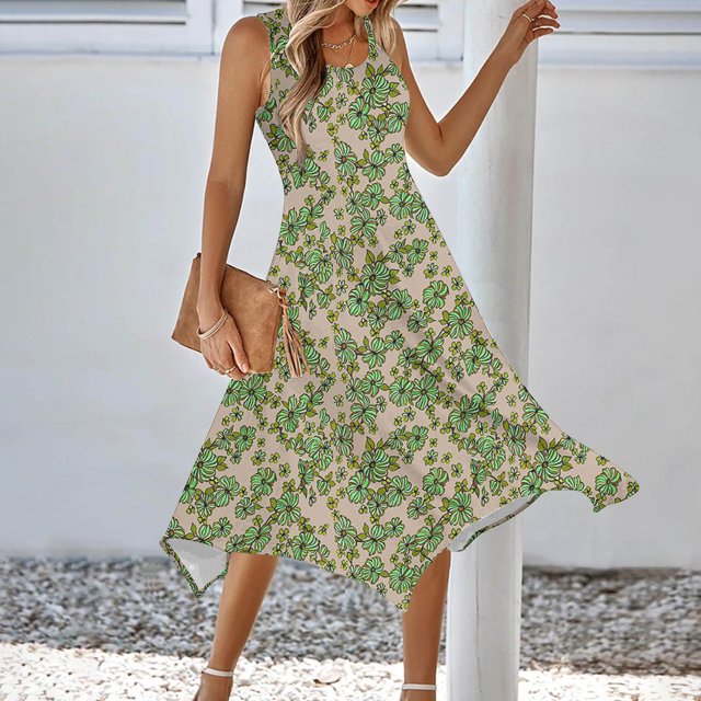 Ovzne Robes pour Femmes 2025 Robe de Plage pour Femme Imprimé Sans Manches avec Poche Ourlet Irrégulier Robe à Col Rond Robe d'Été Imprimée Liquidation