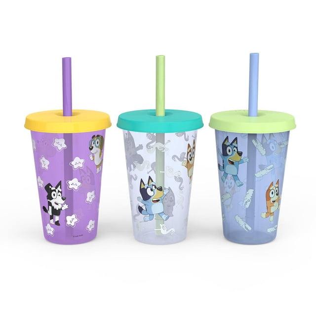 Zak Designs Bluey 16.5oz Colour Change Tumbler 3pk includes three BPA-free, stackable kids' water bottles with Bluey character designs, colour-changing sides triggered by cold drinks, snap-on lids to prevent spills, and reusable straws suitable for easy hydration on the go.