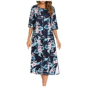 Robes For Women Zipper Robe 3/4 Sleeve Nightgown Sleepwear Full Length Duster Housecoats Loungewear With Pockets Loose Pajamas,XL,grayprinting