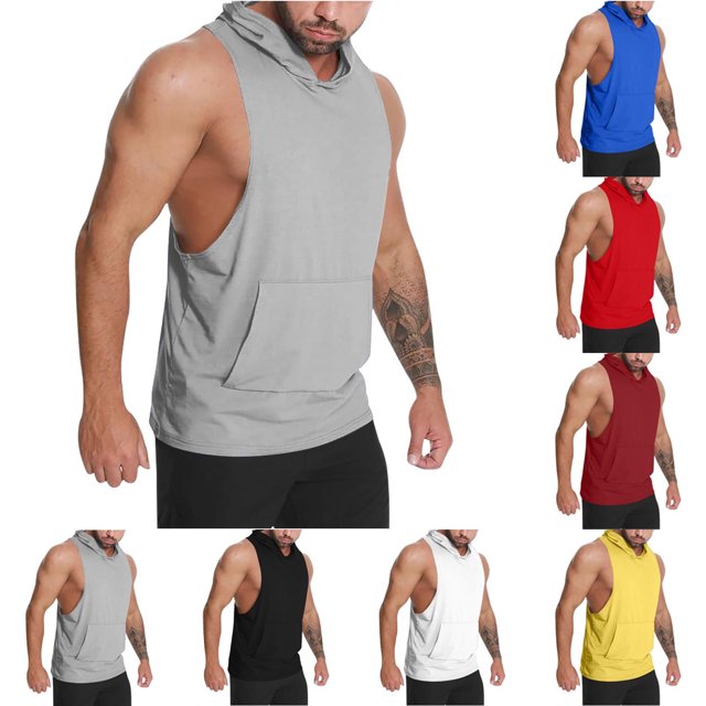 Yuyuzo Mens Tank Tops Sleeveless Hooded Shirts Solid Color T Shirts Loose Fitted Workout Tees Top
