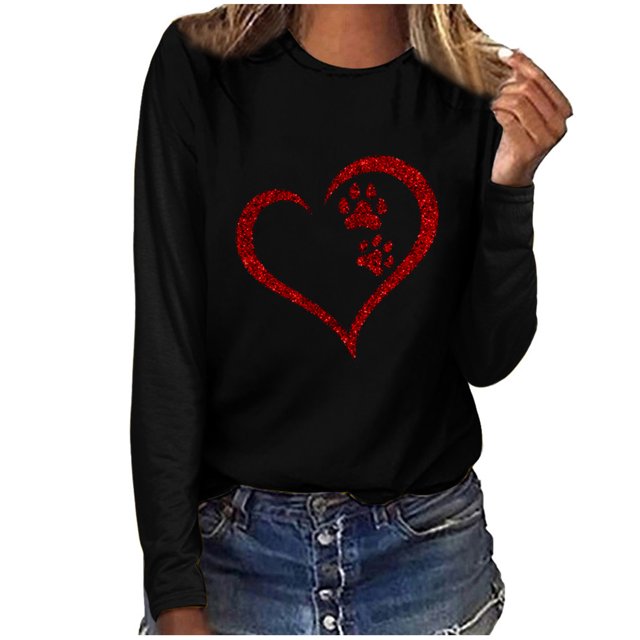 Besolor Tuniques Automne Printemps pour Femmes 2024 Imprimé Cœur Col Rond Manches Longues Chemises Décontractées Amples Blouse Tee