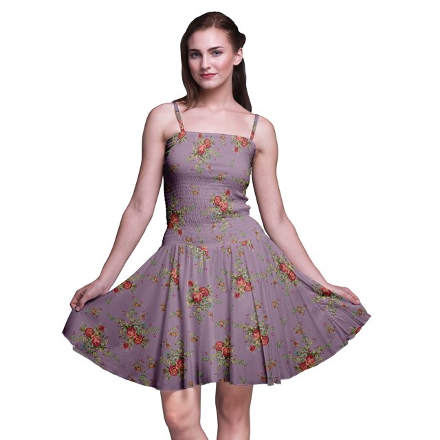 Bimba Robe Soleil Mini à Bretelles Spaghetti pour Femmes, Haut à Taille Smockée Imprimé Floral - X-Grand