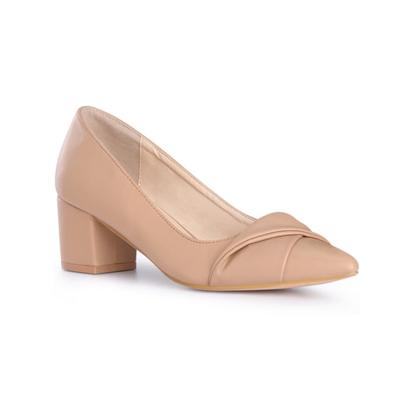 BLISSFUL STEP Pointy Toe Slip on Chunky Heel Pumps for Women Nude (Size 6)