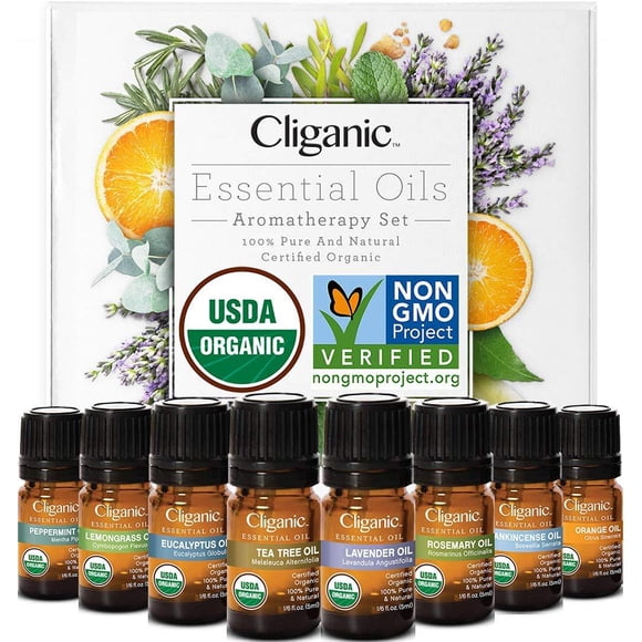 Cliganic USDA Organic Aromatherapy Essential Oils Set (8 Pack), 100% Pure Natural - Peppermint, Lavender, Eucalyptus, Tea Tree, Lemongrass, Rosemary, Frankincense & Orange | Cliganic 9