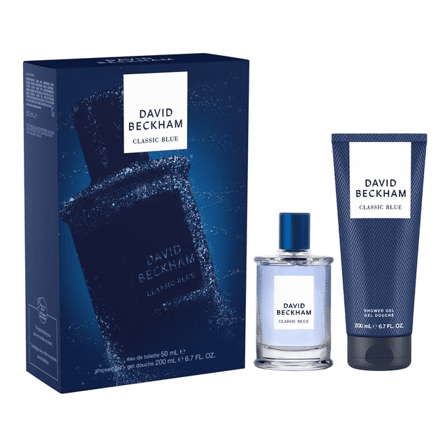 David Beckham Classic Blue Eau de Toilette (50ml) and Shower Gel (200ml) Gift Set displayed with its elegant blue packaging. The set includes a clear glass bottle of Eau de Toilette with a blue cap and a matching blue tube of shower gel, both featuring the David Beckham branding. Ideal as a luxury gift set for men, combining a sophisticated fragrance and refreshing shower experience.