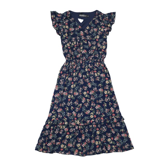INSPIRE CHIC Robe pour Femme à Fleurs Manches Volantées Col en V Décontractée Smockée à Volants Robes TG Bleu Marine