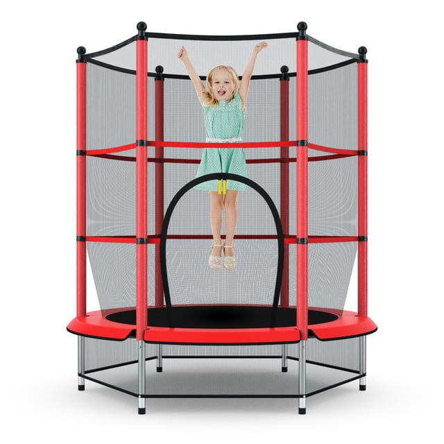 Patiojoy Kids Round Jumping Trampoline Combo Bed Trampoline W/ Safety Enclosure Net Red