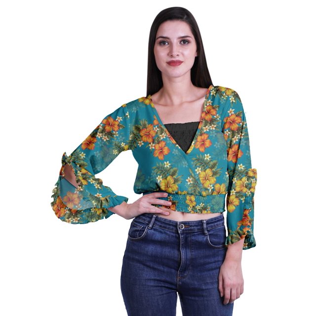 Moomaya Printed Womens Crop Top Wrap Style Top Wear Ruffle Long Sleeve Casual Summer Blouse