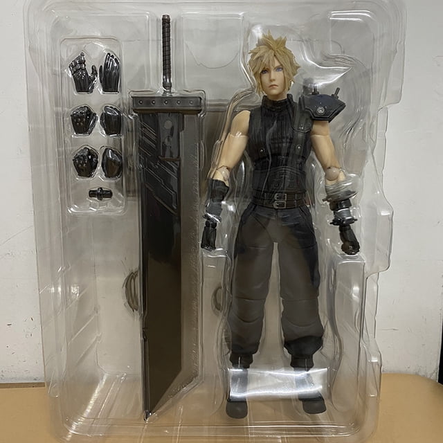 Anime PLAY ARTS Final Fantasy VII Cloud Strife Édition 2 Figurine d'Action en PVC, Environ 25 cm de Hauteur, Conçue comme un Modèle de Collection Fini. Comprend des Accessoires Détaillés comme des Mains Interchangeables et une Grande Épée, Emballée dans une Vitrine en Plastique Transparent.