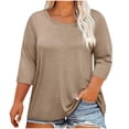 thumbnail image 1 of Plebaso Hauts Grande Taille pour Femmes Été Manches 3/4 Col Rond T-Shirts Décontractés Couleur Unie Tuniques Amples, 1 of 4
