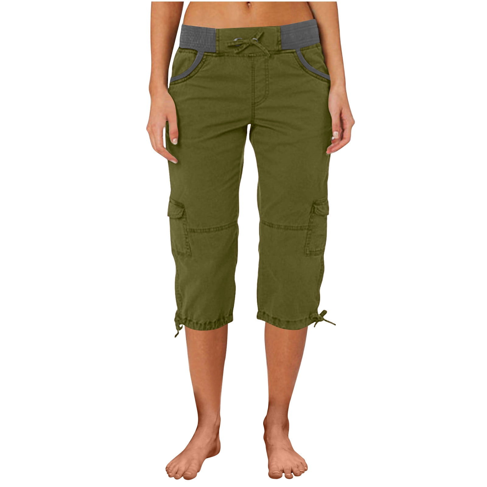 Timegard Womens Cargo Capri Pants Elastic Waisted Drawstring Cinch Bottom Hiking Crop Pants with Pockets
