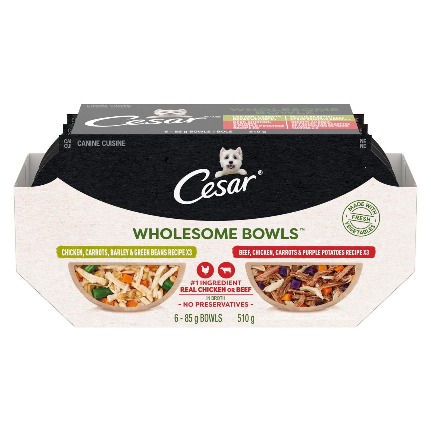 Cesar Wholesome Bowls Chicken, Carrots, Barley & Green Beans & Beef, Chicken, Carrots & Purple Potato Multi Pack Wet Dog Food 6 pack