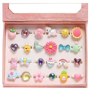 YOYTOO 24 Pcs Bague de Bijoux pour Enfants, Bague de Bijoux pour Filles à Strass de Dessin Animé Ajustable pour Enfants